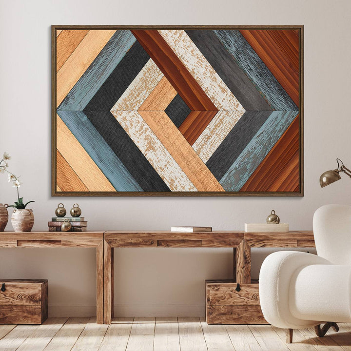 A Geometric Wood Art Wall Decor with a rustic pattern hangs prominently.