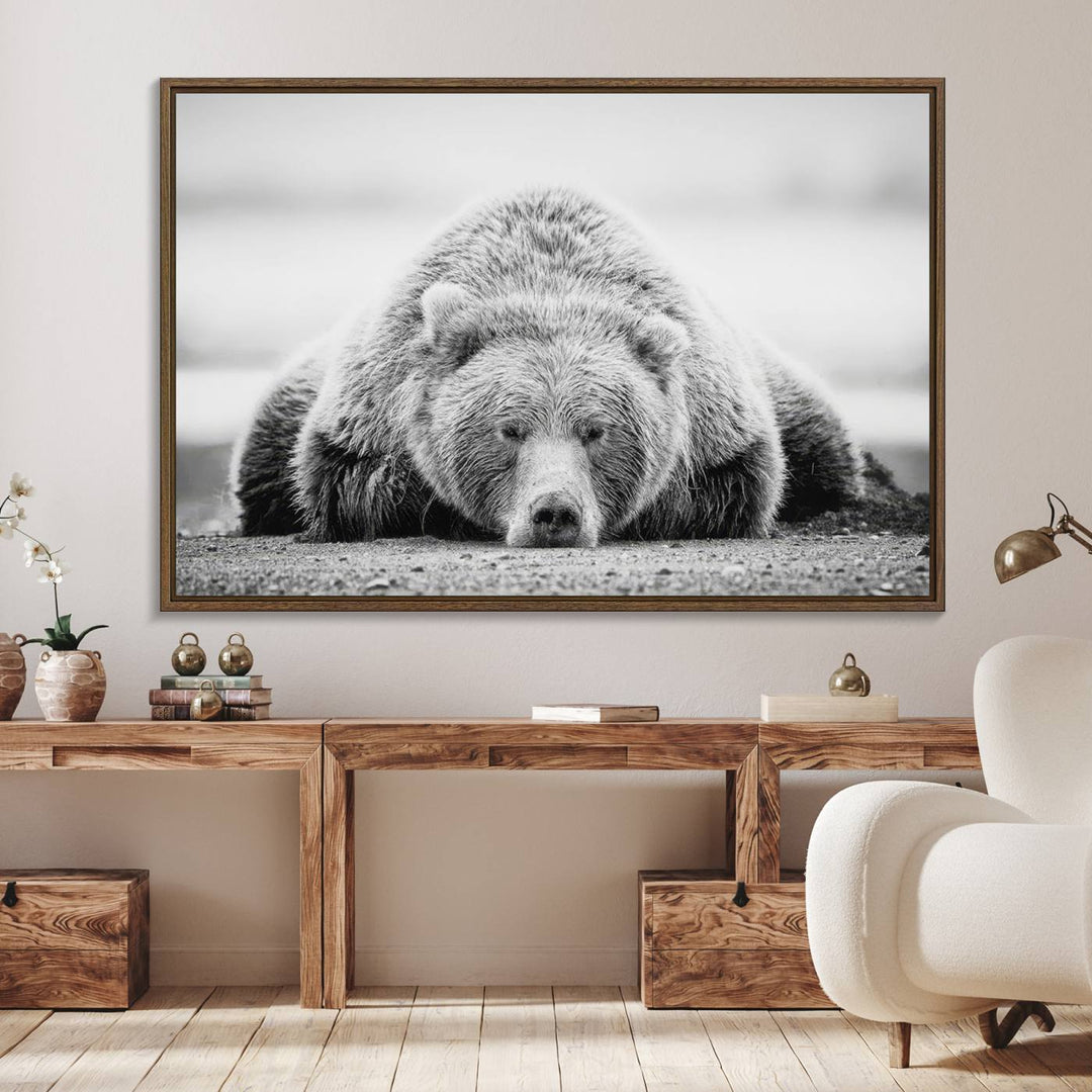 Resting Grizzly Bear wall art displayed in a modern room.