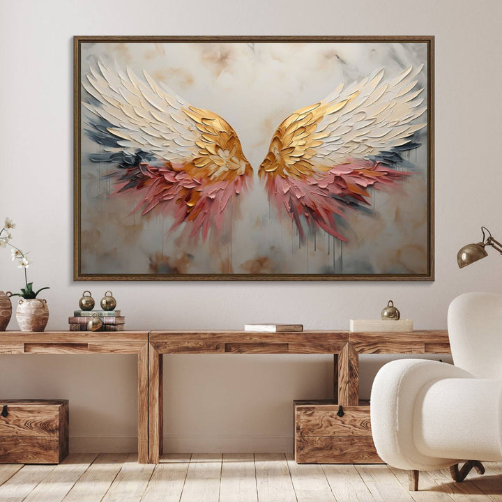 The Golden Angel Wings canvas print elegantly adorns the wall.