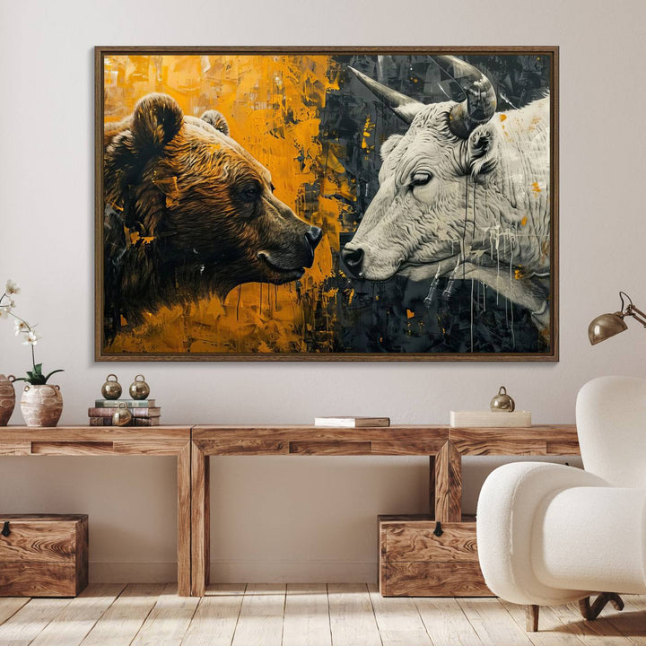 The Bear and Bull Wall Art Canvas Print adorns the wall.