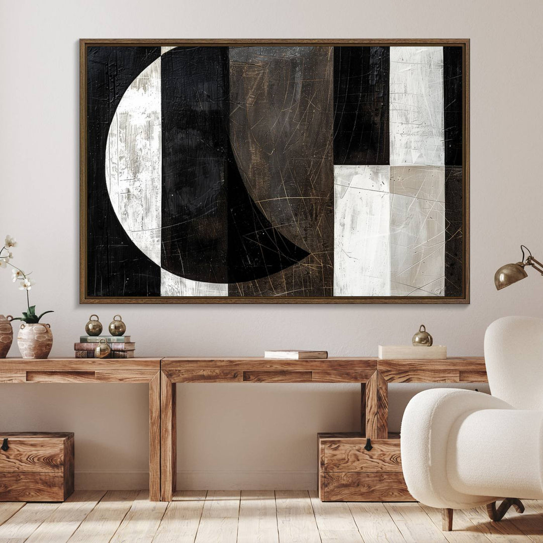 Wabi Sabi Wall Art Canvas Set features black, white, and brown geometric shapes.