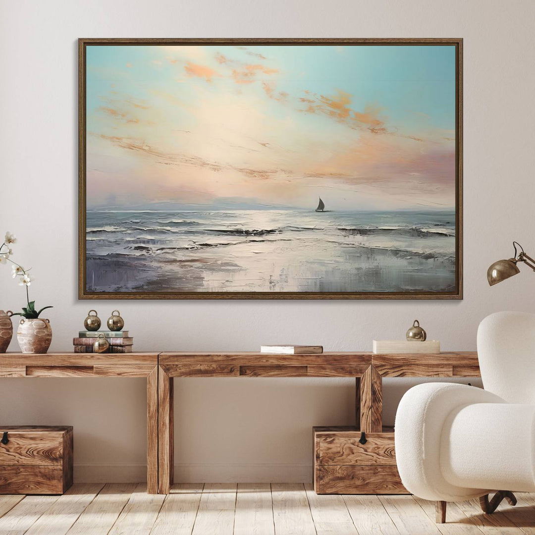 An Abstract Ocean Wall Art - Boat Canvas Print hangs prominently.