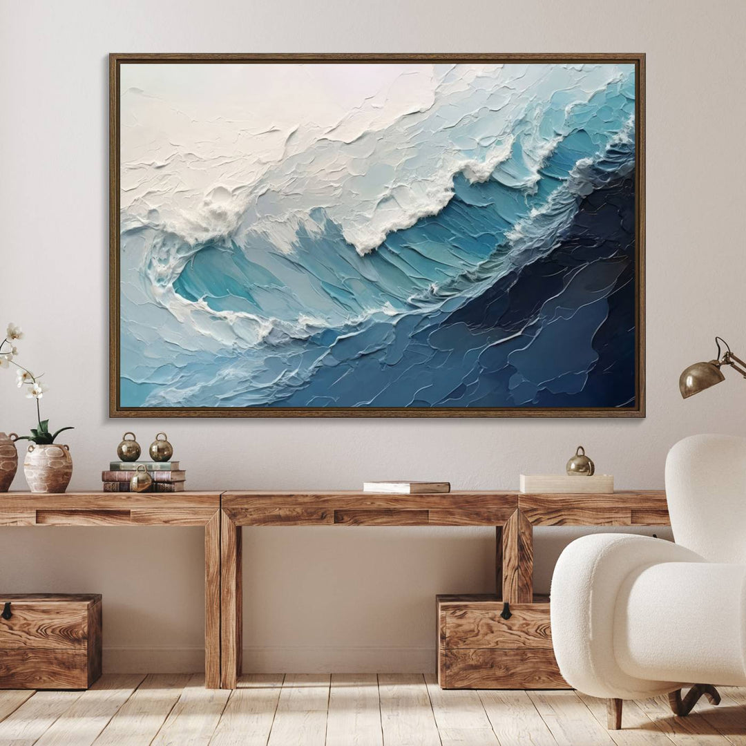 A Blue Abstract Wave Ocean Wall Art Canvas Print adorns the wall.