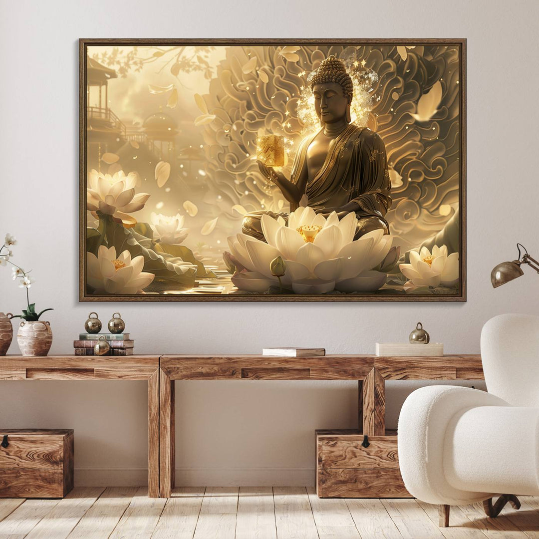 A framed Golden Buddha Wall Art with lotus flowers, ideal for meditation rooms, is beautifully displayed.