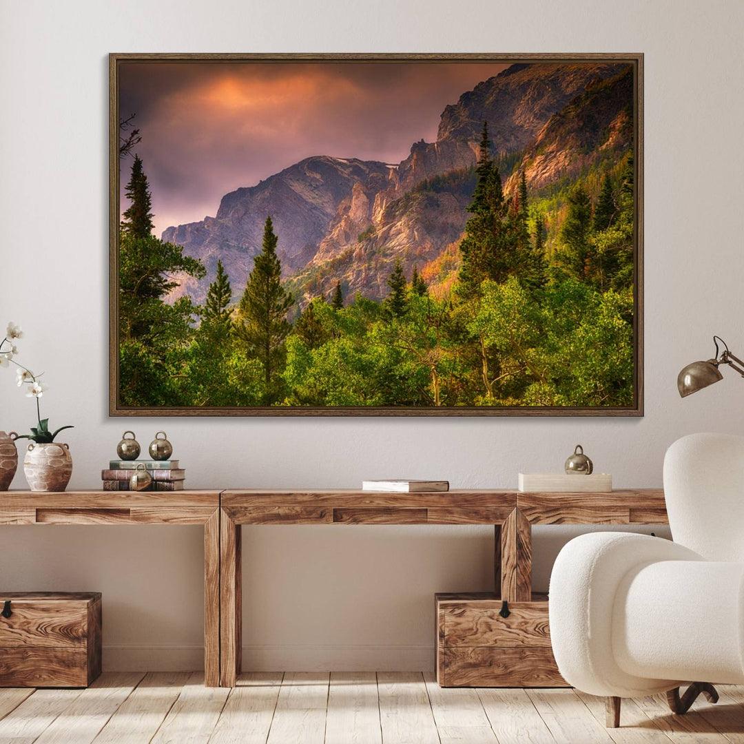The Colorado Rockies Mountains wall art canvas print at sunset is displayed prominently.