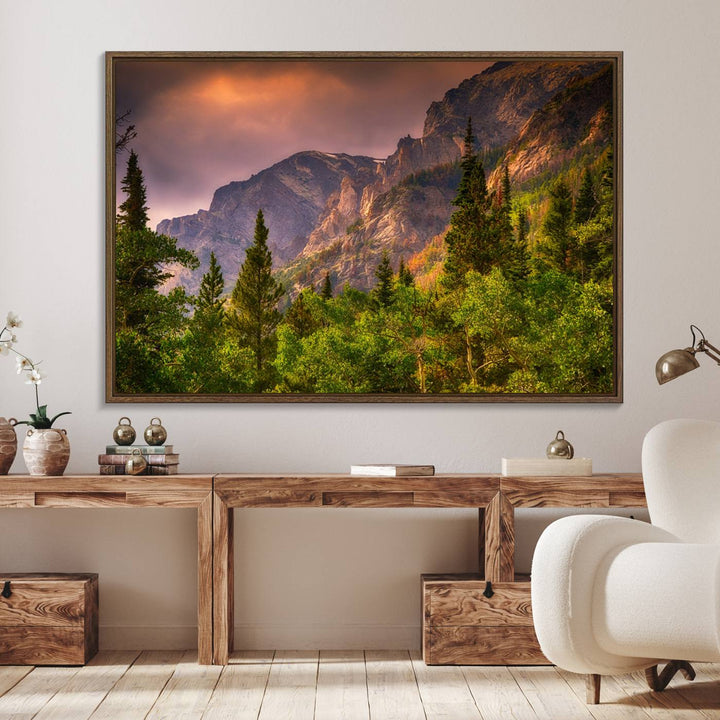 The Colorado Rockies Mountains wall art canvas print at sunset is displayed prominently.