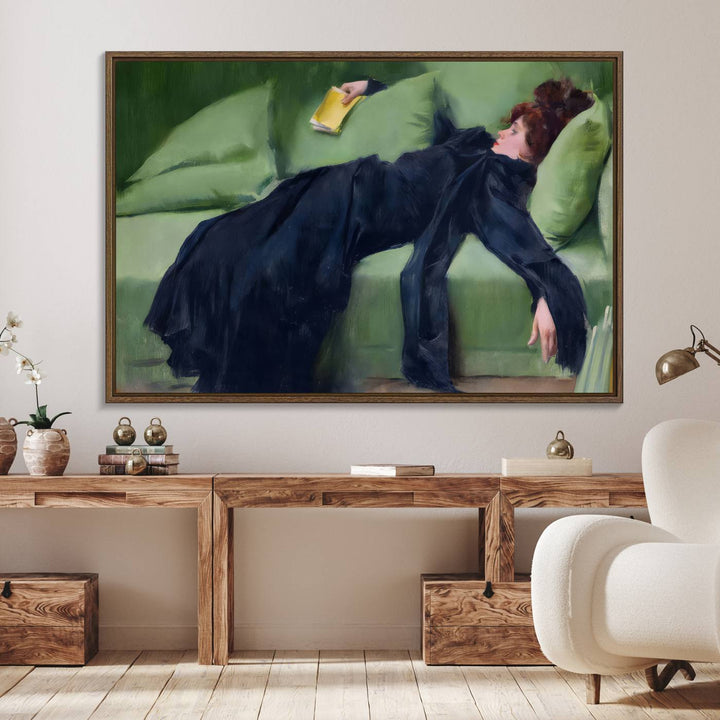 A modern kitchen features a Decadent Girl by Ramon Casas canvas print on the wall.