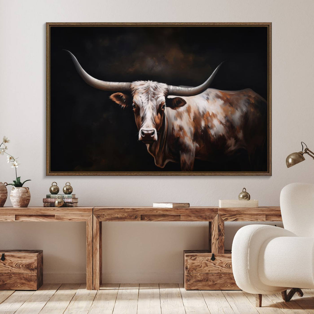 A modern kitchen featuring a Texas Longhorn Wall Art Canvas Print.