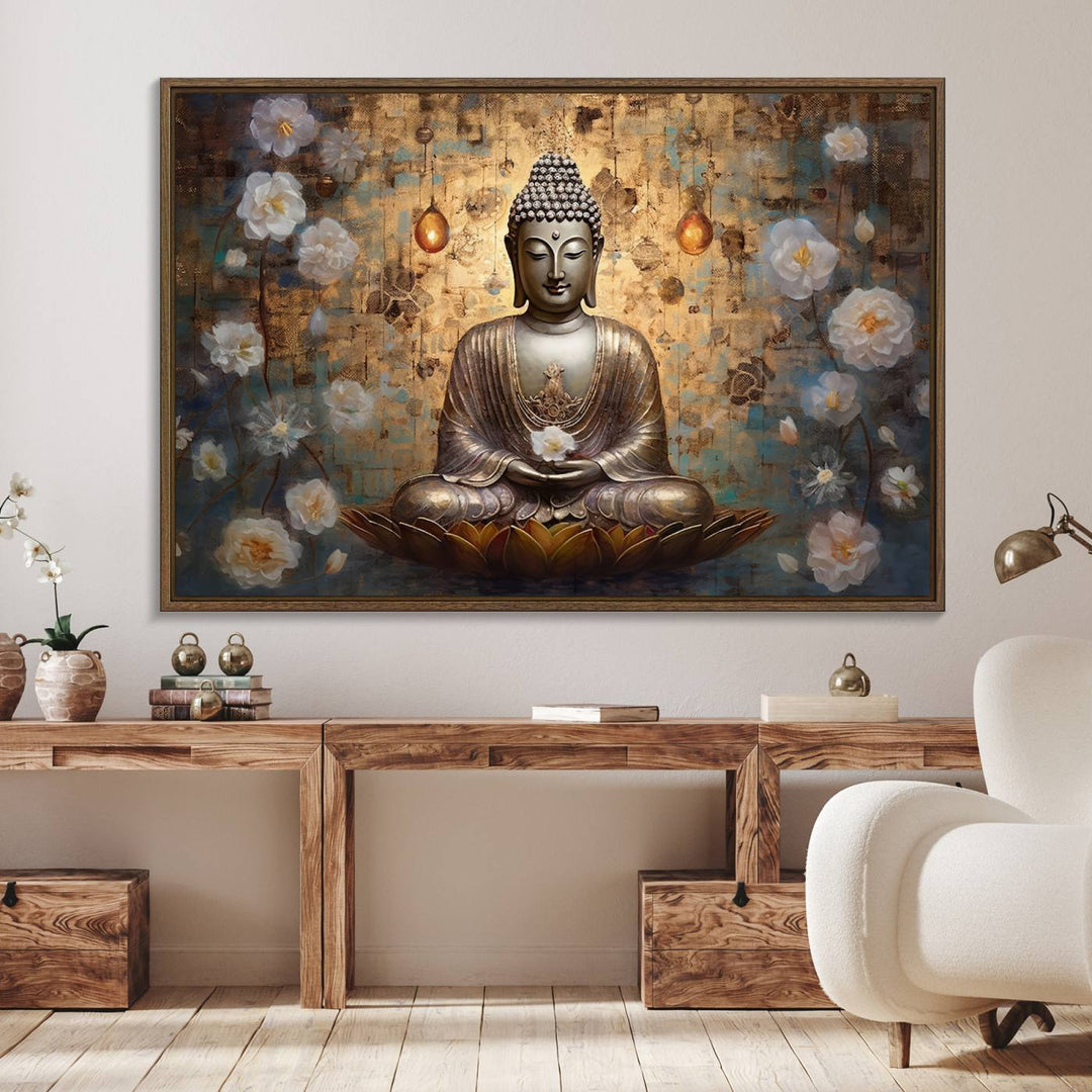 Golden Buddha wall art canvas print on a warm backdrop.