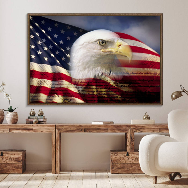 On the wall is an American Flag Eagle Symbol Wall Art Canvas Print.