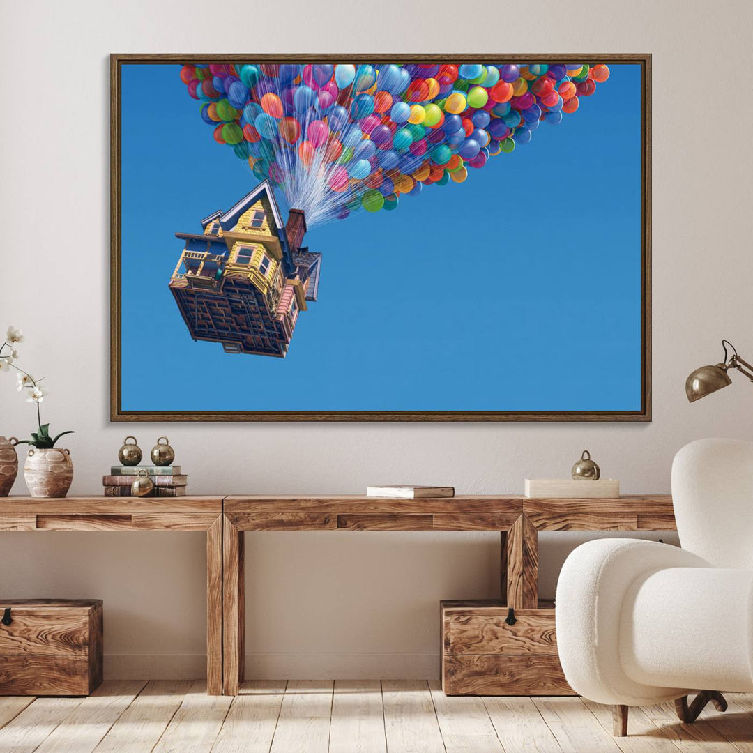 The Up house floats skyward, making it an ideal Carl Fredricksen wall art for kids rooms.