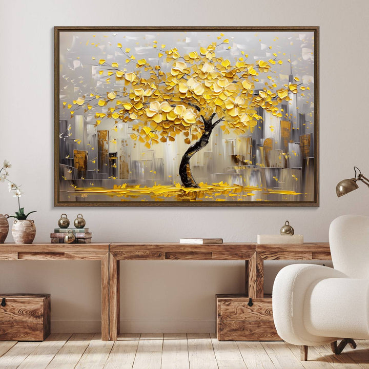 Golden Tree Canvas Print: Abstract wall art featuring golden leaves over a cityscape, ideal for modern homes. Ready to hang.