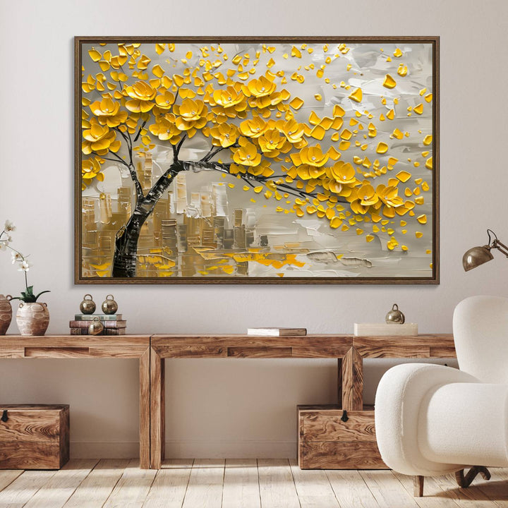 The living room showcases a Yellow Blossom Tree Canvas Wall Art, modern and floral.