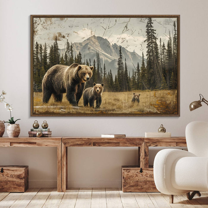 Rustic Grizzly 399: Bear Family Wall Art Canvas Print.