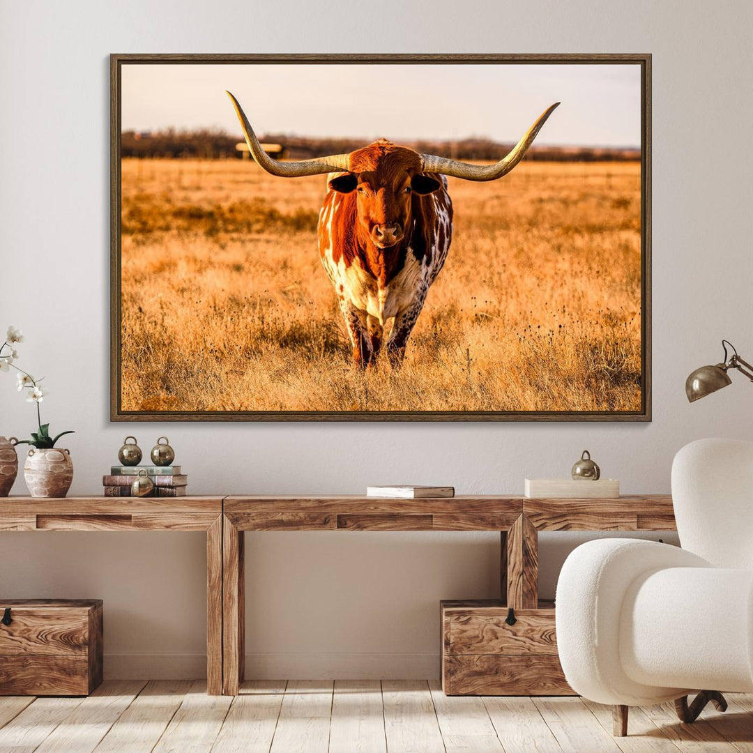 The Longhorn Cow Wall Art framed canvas brings rustic charm and farmhouse decor with its warm field scene.