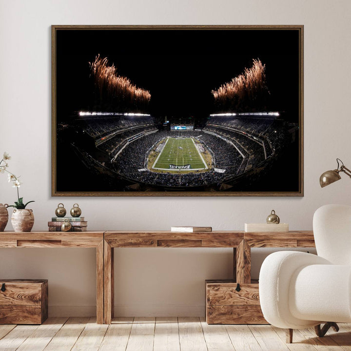 Eagles Stadium Wall Art depicting a nighttime game and fireworks at Lincoln Financial Field.