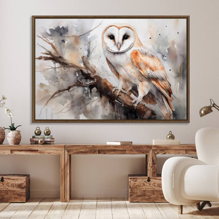 The Barn Owl Wall Art watercolor canvas adds a rustic twist to farmhouse decor.