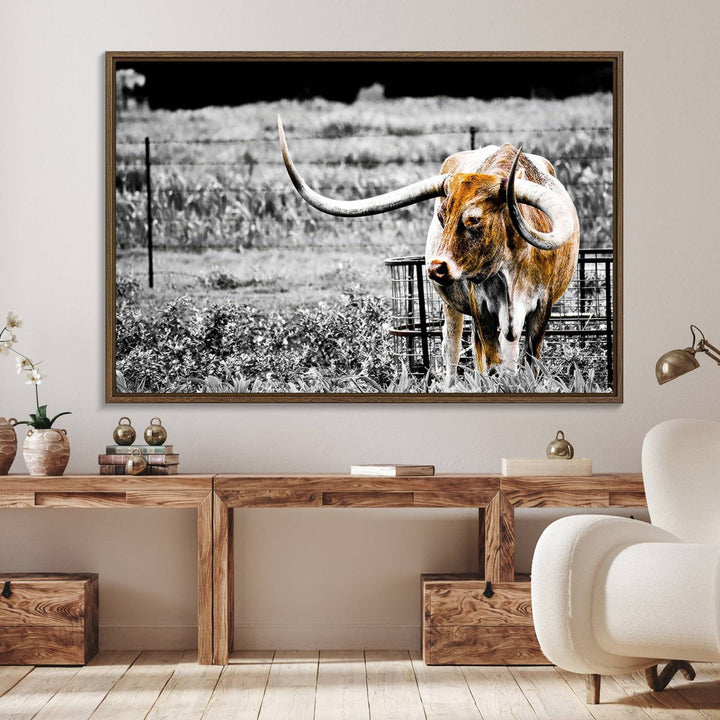 Majestic Texas Longhorn Cow Wall Art features a ready-to-hang canvas print that complements rustic farmhouse décor.