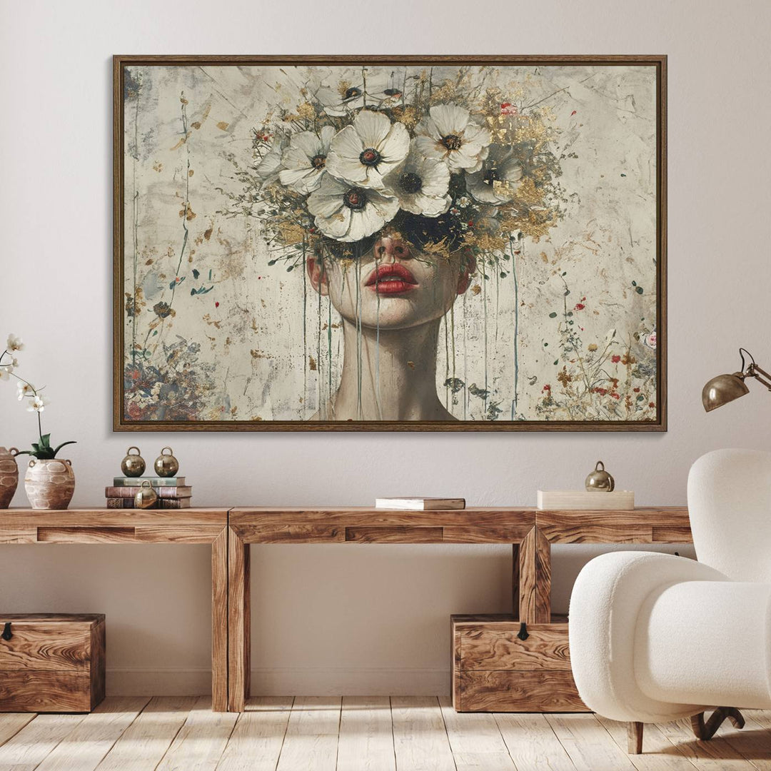 An abstract floral painting on canvas, adorned with vibrant splatters and blooming flowers.