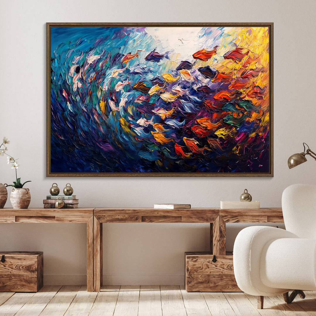 The Vibrant Abstract Fish Swarm Art features a colorful 3-piece canvas that adds a pop of color.