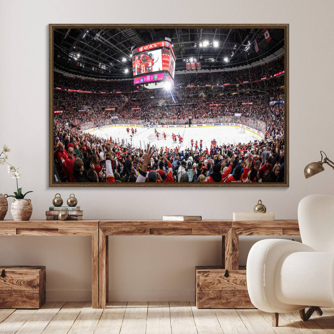 The wall art, a high-quality basketball arena canvas, evokes the excitement of fans cheering at the Amerant Bank Arena.