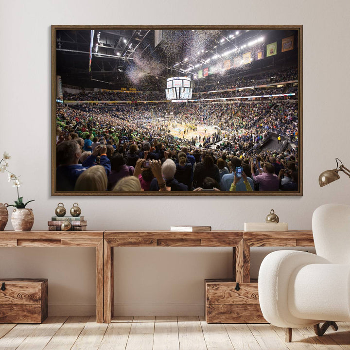 Our ready-to-hang canvas print captures the vibrant scene of the Bridgestone Arena illuminated with fans and confetti.