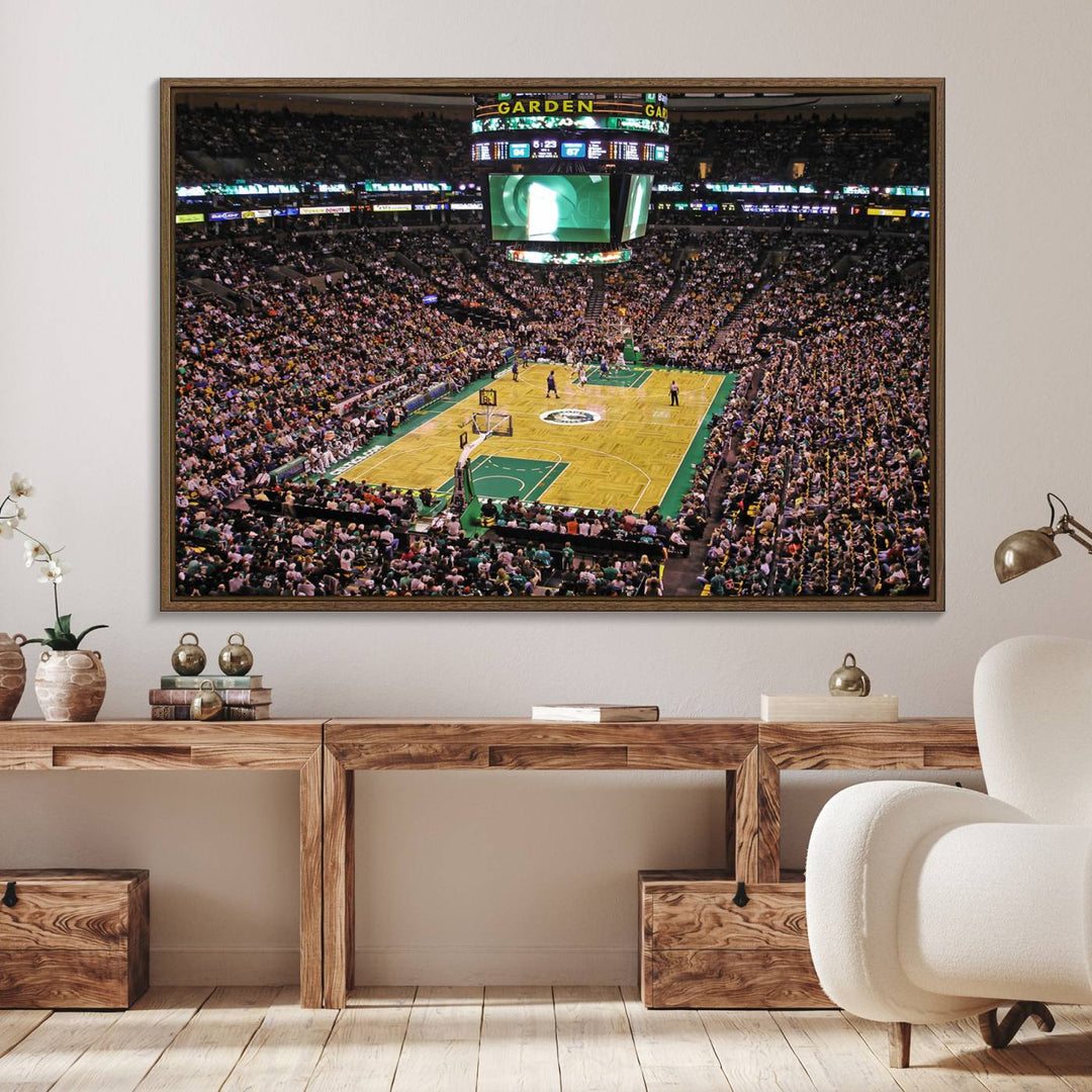 The Celtics vs. Timberwolves canvas print captures a lively arena scene, making it perfect for indoor sports decor.