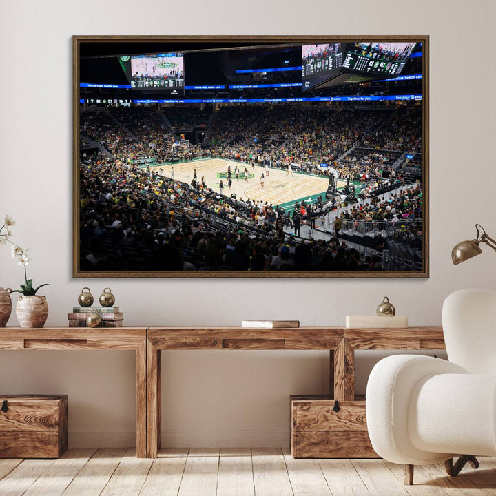 The Canvas Print of Climate Pledge Arena featuring the Seattle Kraken enhances a living room wall.