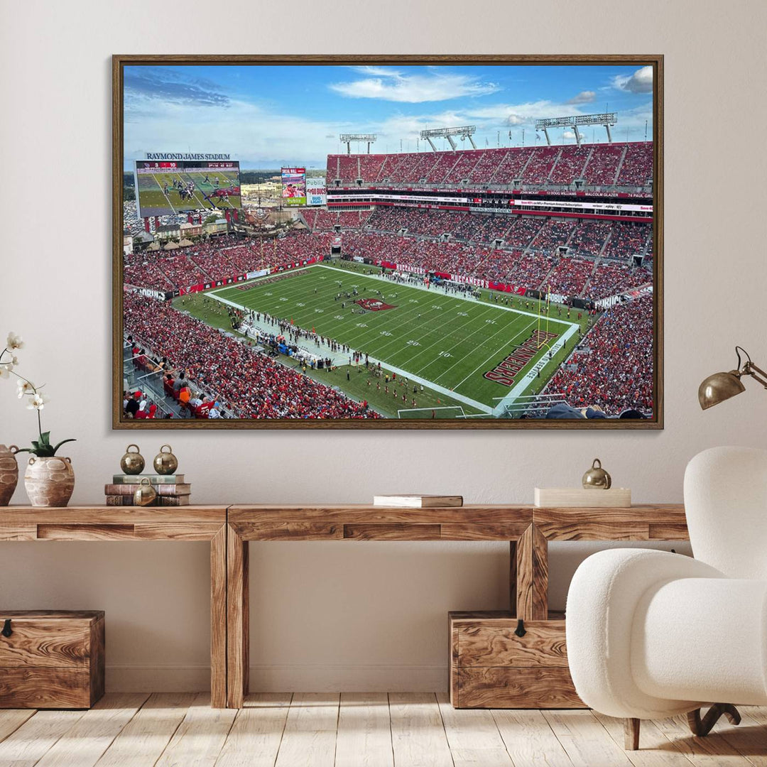 The Florida Tampa Raymond James Stadium Wall Art Canvas Print is featured above the cabinet.