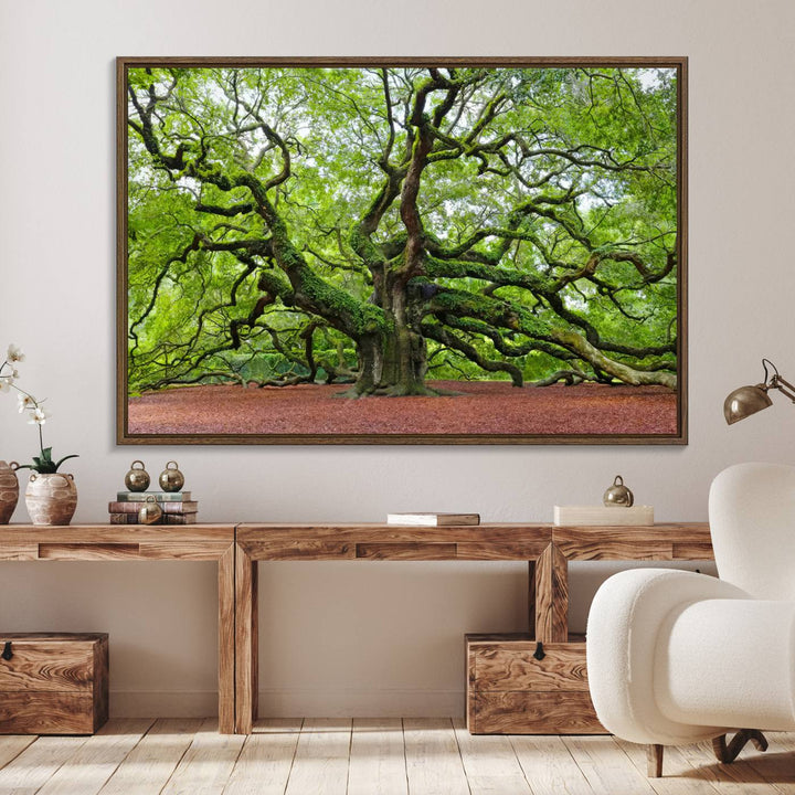 Framed Angel Oak Tree Wall Art: Large 3-panel green nature canvas, ready to hang.