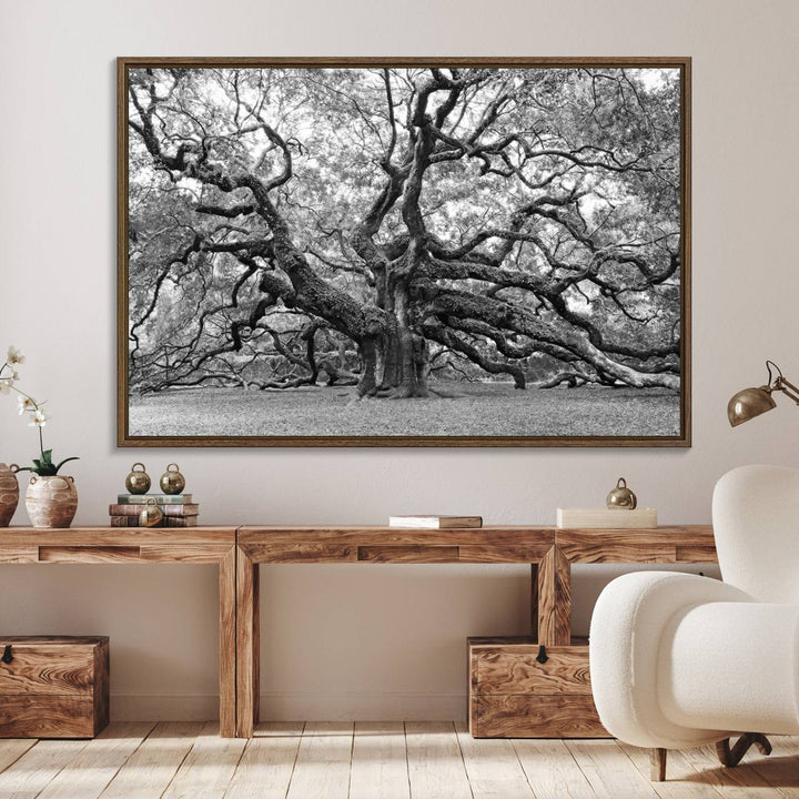 The Black White Angel Oak Tree wall art adds timeless, nature-inspired decor.