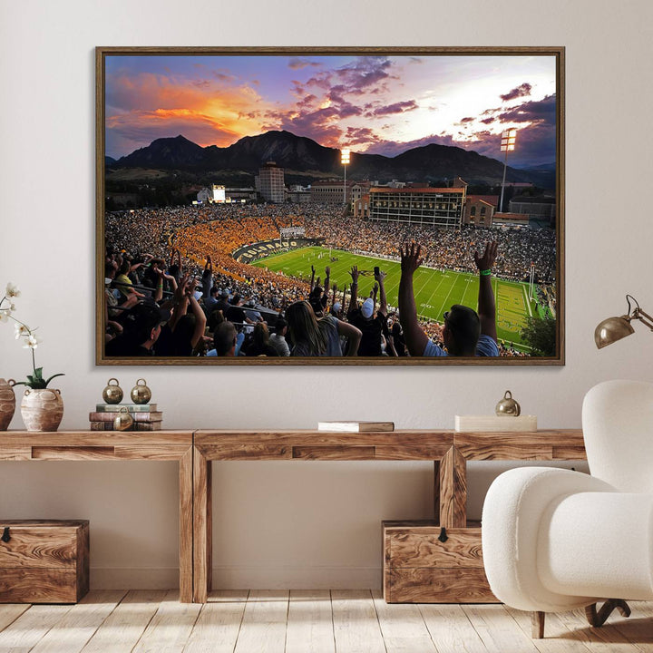 The Folsom Field Stadium Print beautifully captures the Colorado Buffaloes stadium at sunset, set against a stunning mountain backdrop.