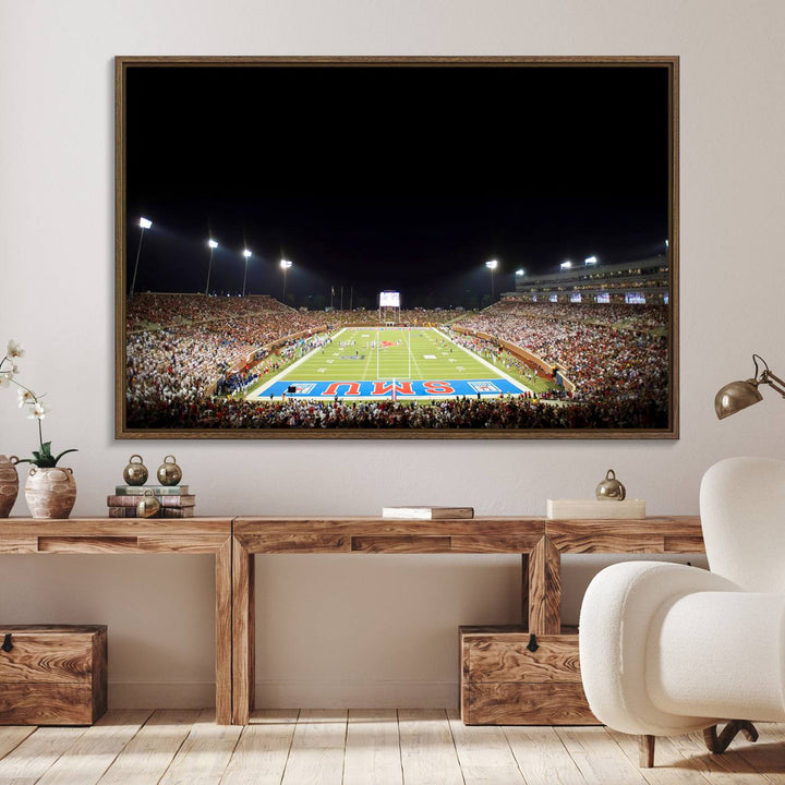 Wide-angle view of a vibrant painting depicting SMU Mustangs Football at Dallas Gerald J. Ford Stadium, capturing the energy and excitement of a filled stadium and brightly lit field.