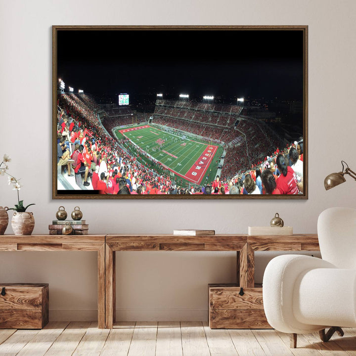 The wall art canvas print features a scene from a packed TDECU Stadium at night, highlighting the field and scoreboard.