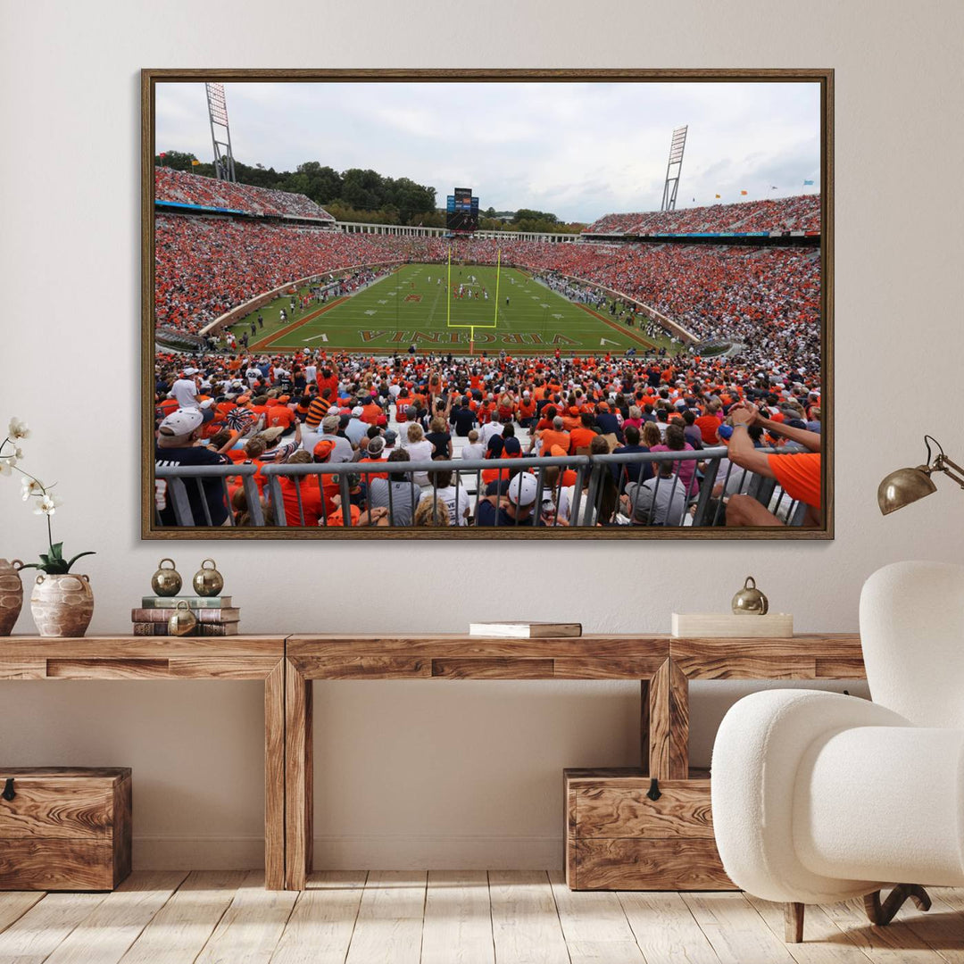 The Virginia Cavaliers Wall Art Canvas Print features a thrilling game at Scott Stadium surrounded by greenery.