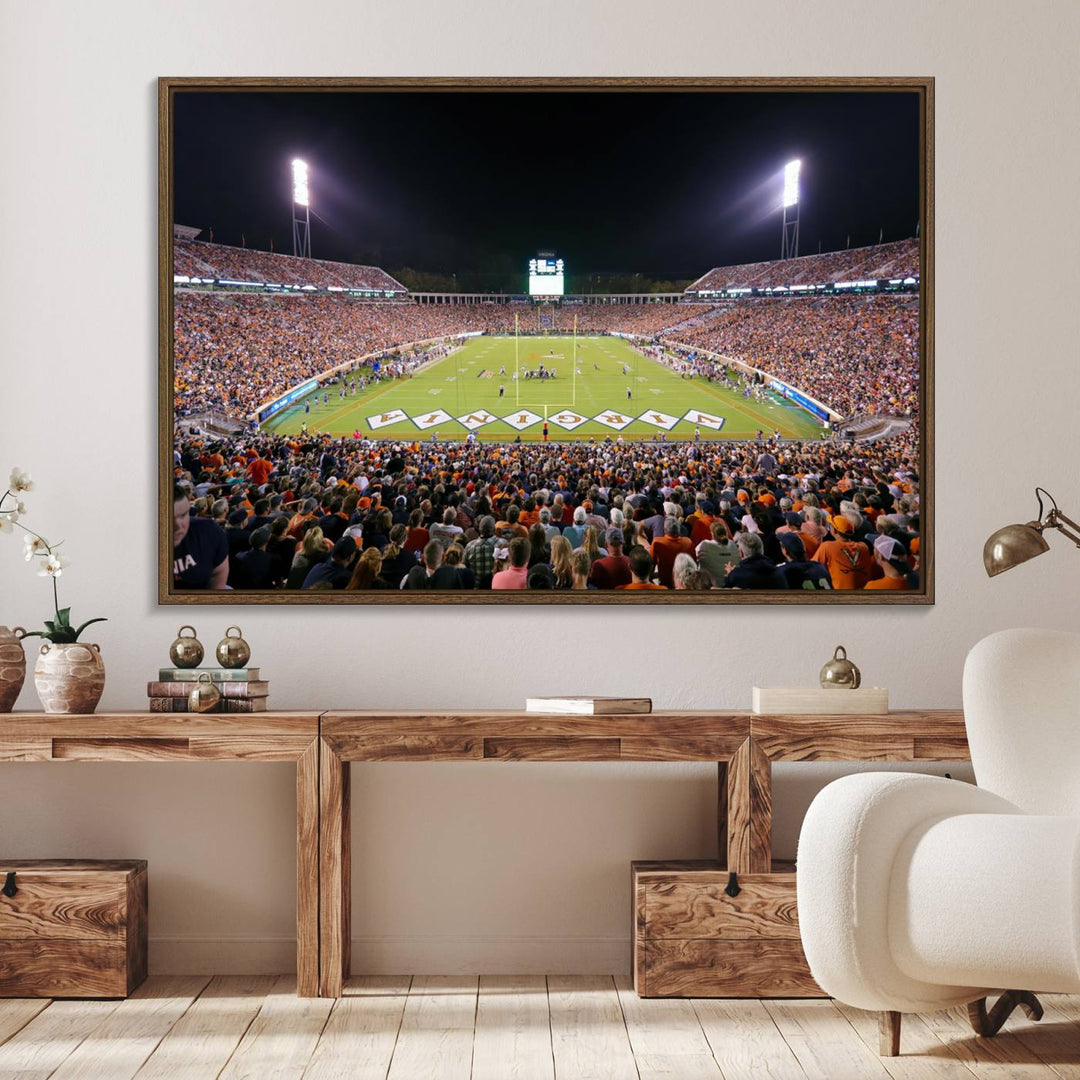 A Virginia Cavaliers Wall Art Canvas Print captures Scott Stadium filled with fans under the night sky.