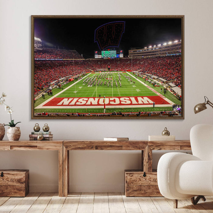 A premium canvas print captures a vibrant scene of Camp Randall Stadium featuring a lively football game with cheering fans and the energetic movements of the band.