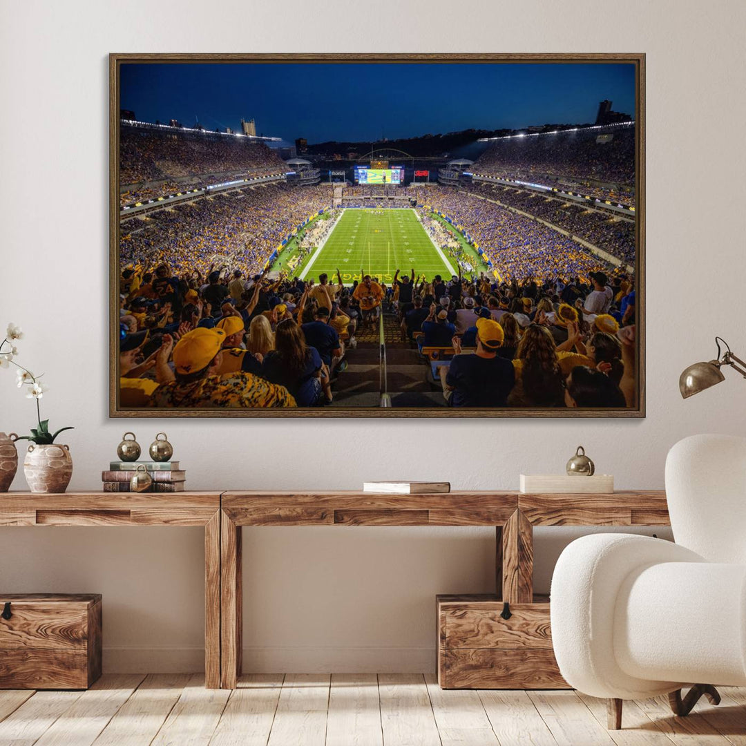 A Pittsburgh Panthers Acrisure Stadium canvas print captures the thrill of a packed stadium under lights and fans cheering.