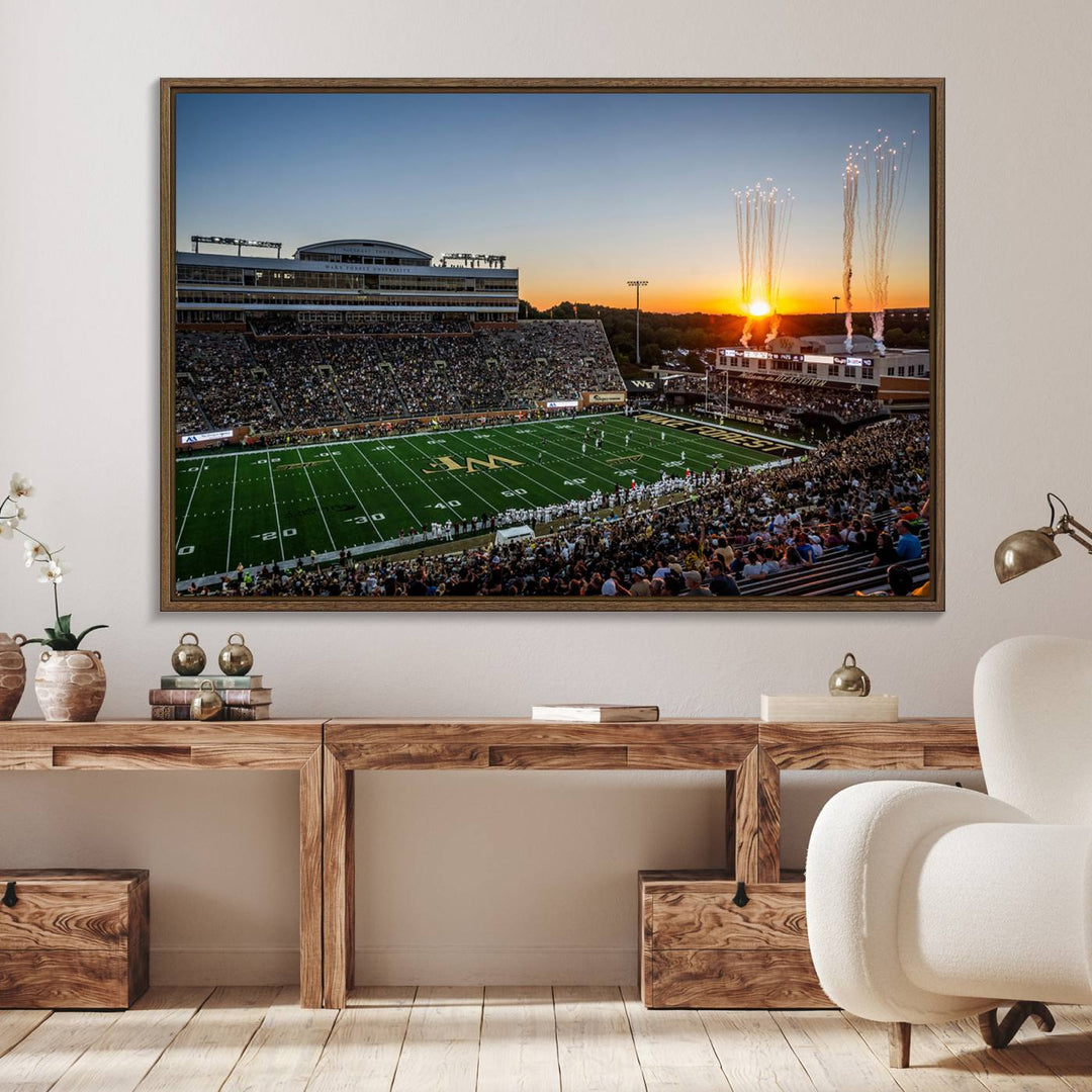 Canvas wall art print depicting the Demon Deacons football stadium at sunset with fireworks.