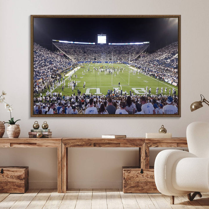 The wall art is a premium canvas of LaVell Edwards Stadium, offering a gallery-quality finish that showcases BYU Cougars pride.