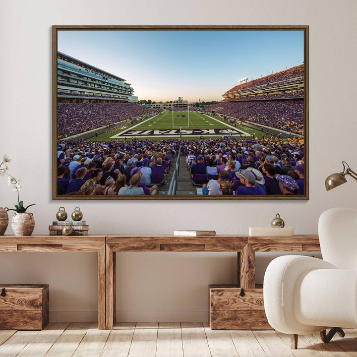 Sunset view of fans in purple at Bill Snyder Family Stadium, captured in a stunning gallery wall art canvas, perfect for a modern living room or office.