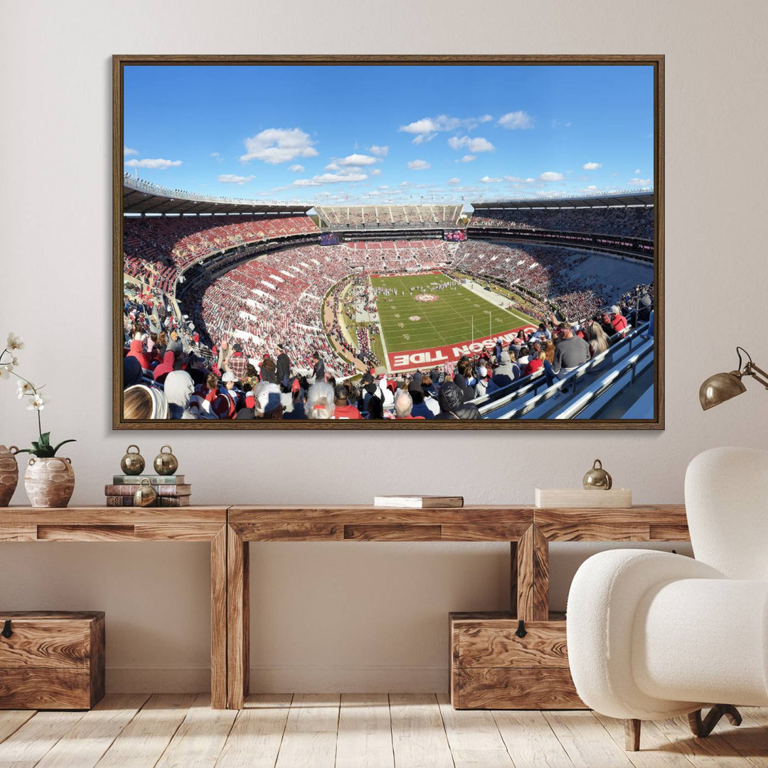 Canvas print of Alabama Crimson Tides Bryant-Denny Stadium, showcasing a sunlit field under a blue sky.