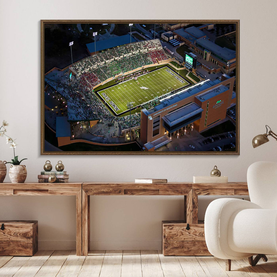 Night aerial view of fans at UNT Mean Green game captured on premium DATCU Stadium canvas wall art print.