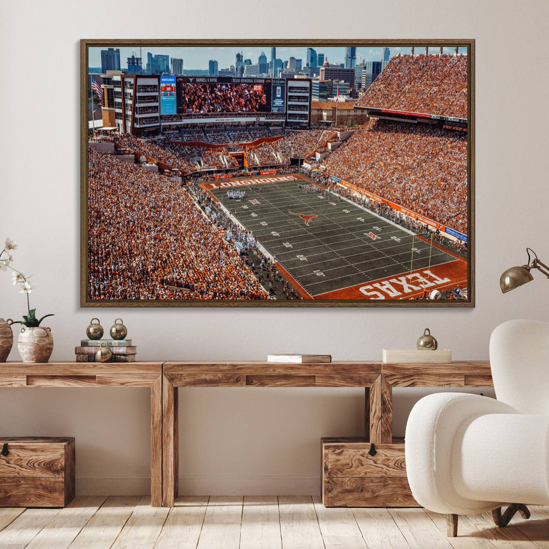 A premium canvas wall art featuring the University of Texas Longhorns stadium, showcasing a vibrant sea of orange.