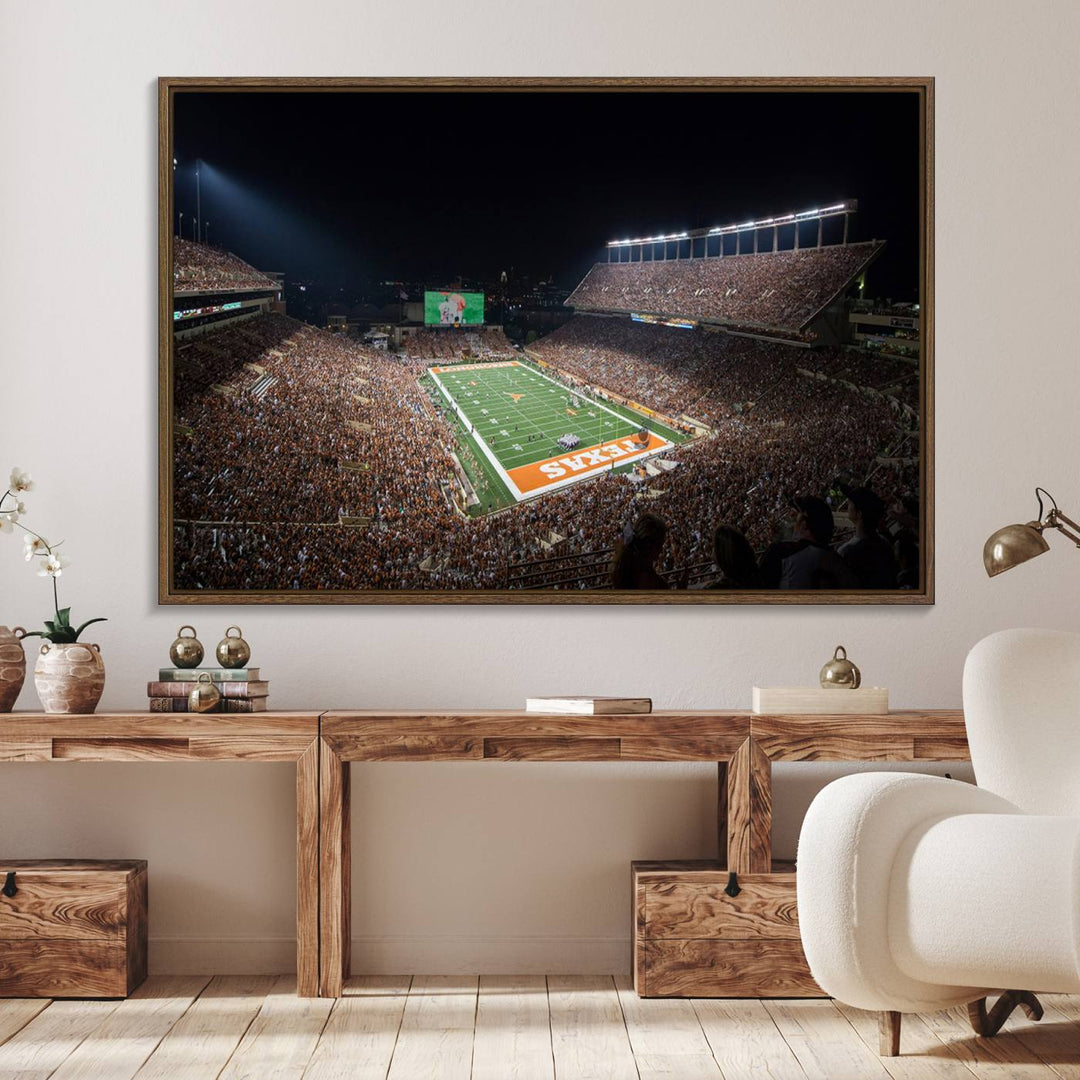 A football game at a packed stadium is captured on the University of Texas Longhorns Stadium Canvas Print.