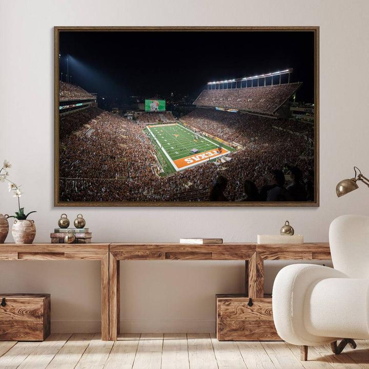 A football game at a packed stadium is captured on the University of Texas Longhorns Stadium Canvas Print.