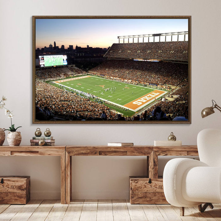 The Evening Game canvas art captures a glowing sunset and skyline at Texas Longhorns Darrell K Royal Stadium.
