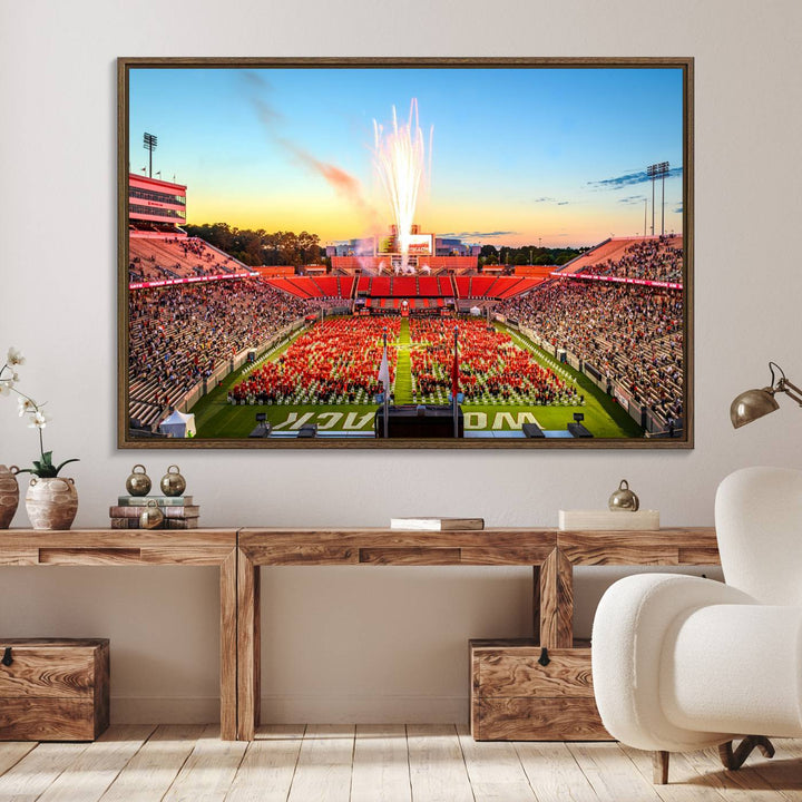 A vibrant North Carolina State University Wolfpack print, capturing a people-filled stadium, fireworks, and a sunset—perfect for your living room wall.