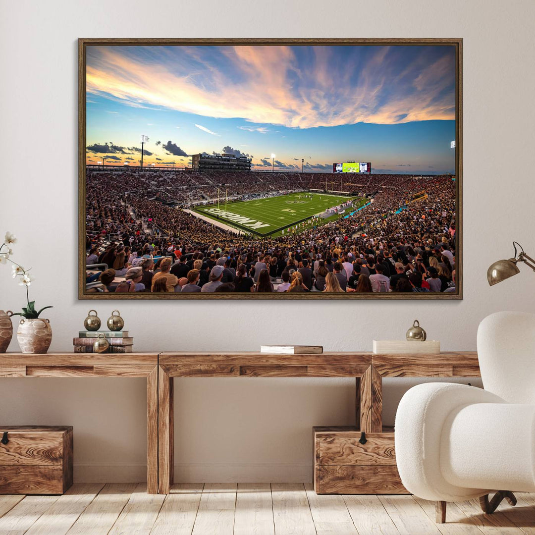 A vibrant wall art canvas captures a sunset scene at Orlandos FBC Mortgage Stadium, featuring the UCF Knights.