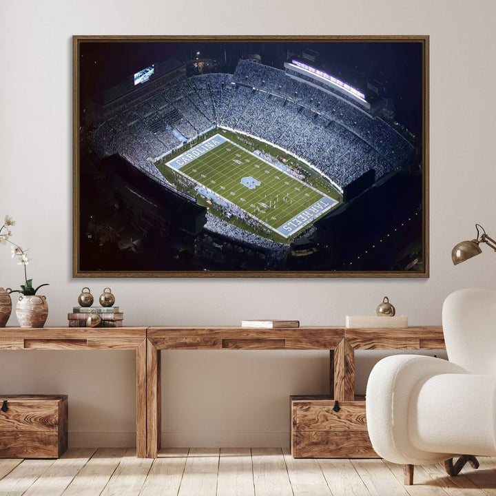 Aerial view of UNC Tar Heels night game at Kenan Memorial Stadium, perfect wall art canvas for fans.